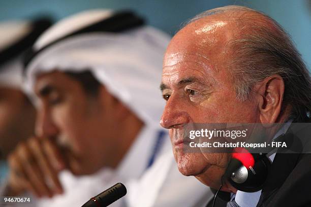 Mohammed Khalfan Al-Rumaithi, president of United Arabic Emirates football association and FIFA president Joseph Blatter attend a press conference...