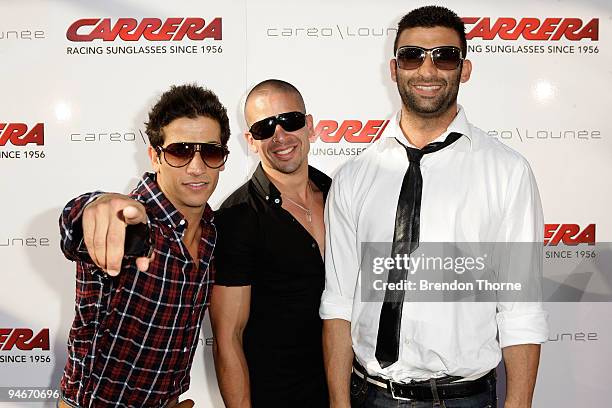 Firass Dirani, Ronny Jean Paul and Michael Vice of Underbelly attend the Carrera Sunglasses Christmas Party at Cargo Lounge on December 17, 2009 in...