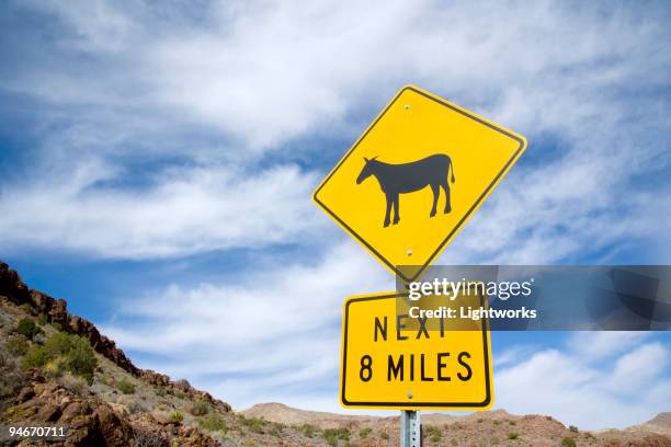 donkeys for next 8 miles sign - oatman arizona stock pictures, royalty-free photos & images