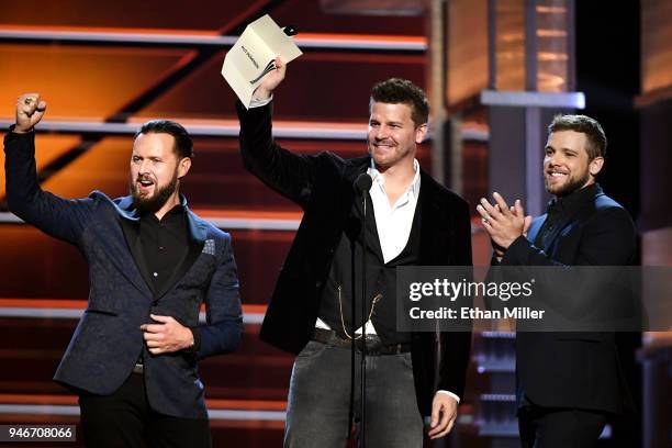 Buckley, David Boreanaz and Max Thieriot present an award onstage during the 53rd Academy of Country Music Awards at MGM Grand Garden Arena on April...