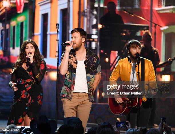 Charles Kelley, Hillary Scott and Dave Haywood of musical group Lady Antebellum perform onstage during the 53rd Academy of Country Music Awards at...