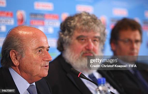 President Joseph Blatter, Chuck Blazer, chairman of FIFA Club World Cup organising committee and FIFA general secretary Jerome Valcke attend a press...