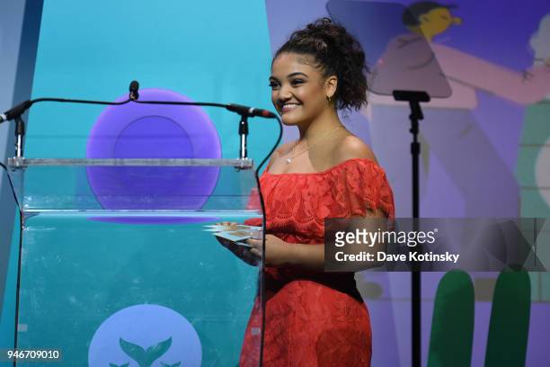 Gymnast Laurie Hernandez speaks onstage during the 10th Annual Shorty Awards at PlayStation Theater on April 15, 2018 in New York City.