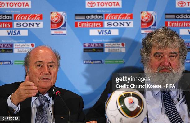 President Joseph Blatter and Chuck Blazer, chiarman of FIFA Club World Cup organising committee attend a press conference held by the FIFA organising...