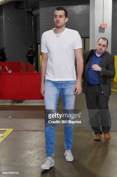 Nemanja Bjelica of the Minnesota Timberwolves arrives before the game against the Houston Rockets in Game One of Round One of the 2018 NBA Playoffs...