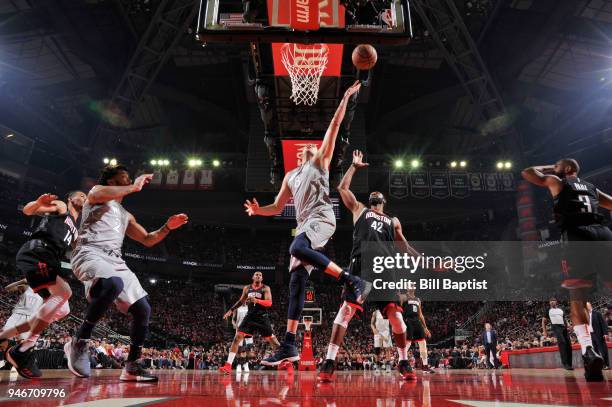 Nemanja Bjelica of the Minnesota Timberwolves goes to the basket against the Houston Rockets in Game One of Round One of the 2018 NBA Playoffs on...