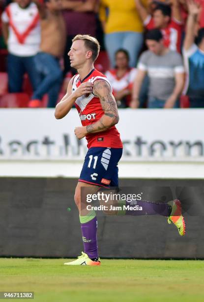 Cristian Menendez celebrates after scoring the first goal of Veracruz during the 15th round match between Veracruz and Leon as part of the Torneo...