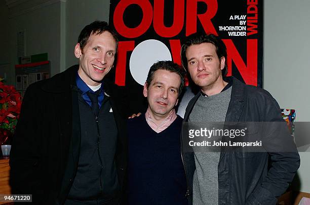 Stephen Kunken, David Cromer and Jason Butler Harner attend the 337th performance of "Our Town" at the Barrow Street Theatre on December 16, 2009 in...