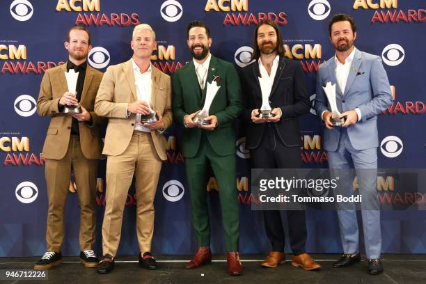 Whit Sellers, Trevor Rosen, Matthew Ramsey, Geoff Sprung, and Brad Tursi of musical group Old Dominion, winners of the Vocal Group of the Year award,...
