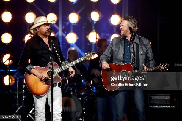 Toby Keith and Blake Shelton perform onstage during the 53rd Academy of Country Music Awards at MGM Grand Garden Arena on April 15, 2018 in Las...