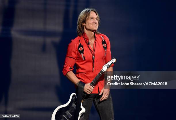 Keith Urban performs onstage during the 53rd Academy of Country Music Awards at MGM Grand Garden Arena on April 15, 2018 in Las Vegas, Nevada.