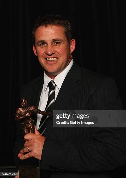 Bryce Lawrence holds his trophy for the NZRU Referee of the Year during the 2009 Steinlager New Zealand Rugby Awards at the Sky City Convention...