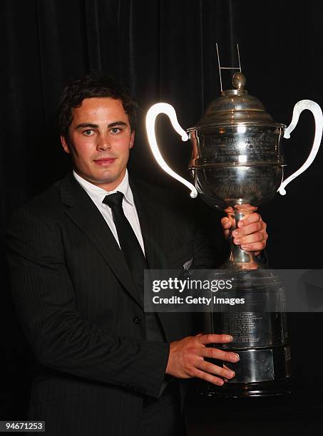 Zac Guildford with the Tom French Memorial Trophy for Maori Player of the Year during the 2009 Steinlager New Zealand Rugby Awards at Sky City...