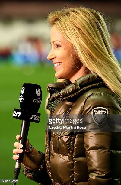 Moderator Andrea Kaiser of Sat.1 poses before the UEFA Europa League Group L match between Atletico Bilbao and Werder Bremen at the Estadio San Mames...
