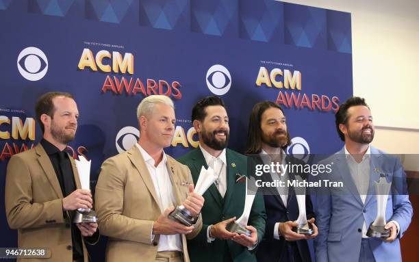 Whit Sellers, Trevor Rosen, Matthew Ramsey, Geoff Sprung, and Brad Tursi of Old Dominion, Vocal Group of the Year pose in the press room during the...