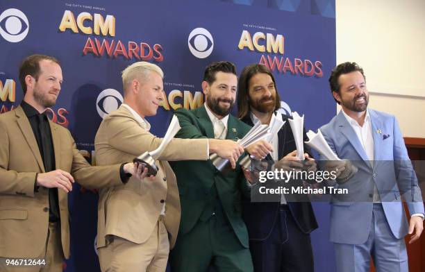 Whit Sellers, Trevor Rosen, Matthew Ramsey, Geoff Sprung, and Brad Tursi of Old Dominion, Vocal Group of the Year and Album of the Year winners, pose...