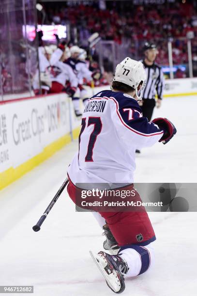 Josh Anderson of the Columbus Blue Jackets celebrates after scoring a second period goal against the Washington Capitals in Game Two of the Eastern...