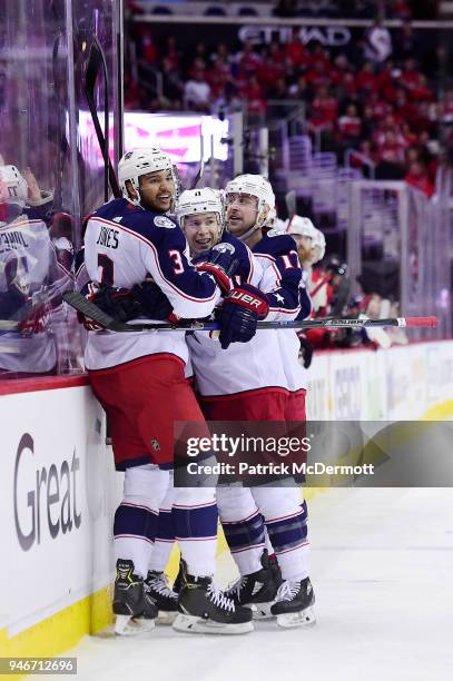 Josh Anderson of the Columbus Blue Jackets celebrates with his teammates after scoring a second period goal against the Washington Capitals in Game...