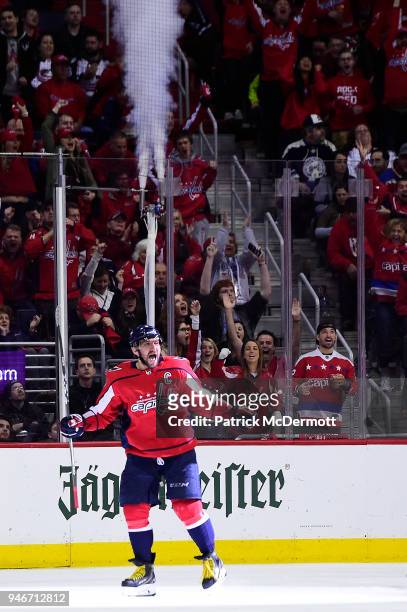 Alex Ovechkin of the Washington Capitals celebrates after scoring his second goal of the game in the second period against the Columbus Blue Jackets...