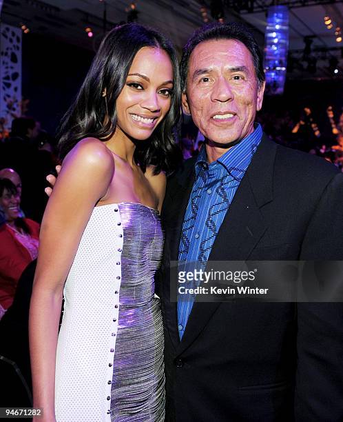 Actors Zoe Saldana and Wes Studi pose at the afterparty for the premiere of 20th Century Fox's "Avatar" at Hollywood and Highland on December 16,...