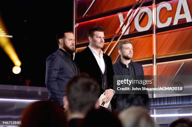 Buckley, David Boreanaz and Max Thieriot speak onstage during the 53rd Academy of Country Music Awards at MGM Grand Garden Arena on April 15, 2018 in...