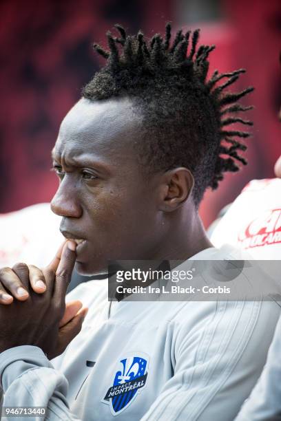 Dominic Oduro of Montreal Impact on the bench at the start of the Major League Soccer match between Montreal Impact and New York Red Bulls at Red...