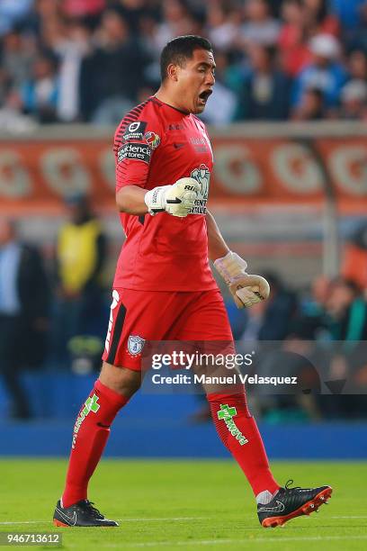 Alfonso Blanco of Pachuca celebrates a scored goal by Keisuke Honda during the 15th round match between Pachuca and Santos Laguna as part of the...