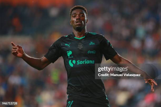 Jorge Tavares of Santos celebrates a scored goal during the 15th round match between Pachuca and Santos Laguna as part of the Torneo Clausura 2018...