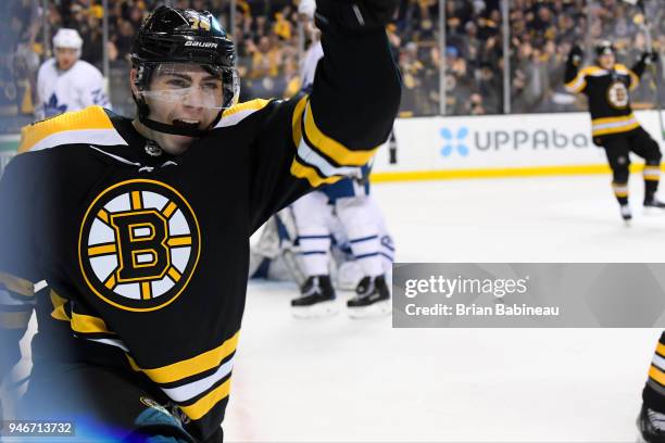 Jake DeBrusk of the Boston Bruins scores against the Toronto Maple Leafs during the First Round of the 2018 Stanley Cup Playoffs at the TD Garden on...