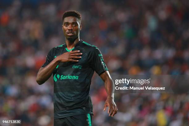 Jorge Tavares of Santos celebrates a scored goal during the 15th round match between Pachuca and Santos Laguna as part of the Torneo Clausura 2018...