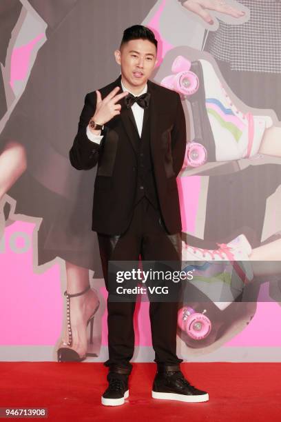 Rapper MC Jin Au-Yeung poses on red carpet of the 37th Hong Kong Film Awards ceremony at Hong Kong Cultural Centre on April 15, 2018 in Hong Kong,...