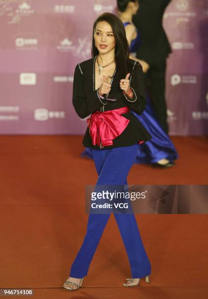 Actress Shu Qi, jury of the 8th Tiantan Award, arrives at red carpet during the Opening Ceremony of 2018 Beijing International Film Festival on April...