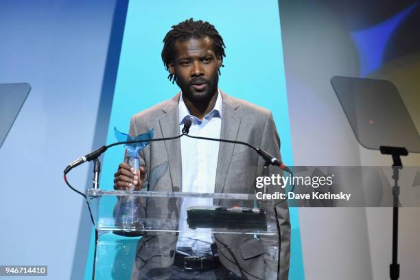 Reggie Harris accepts Activism award onstage in honor of Erica Garner during the 10th Annual Shorty Awards at PlayStation Theater on April 15, 2018...