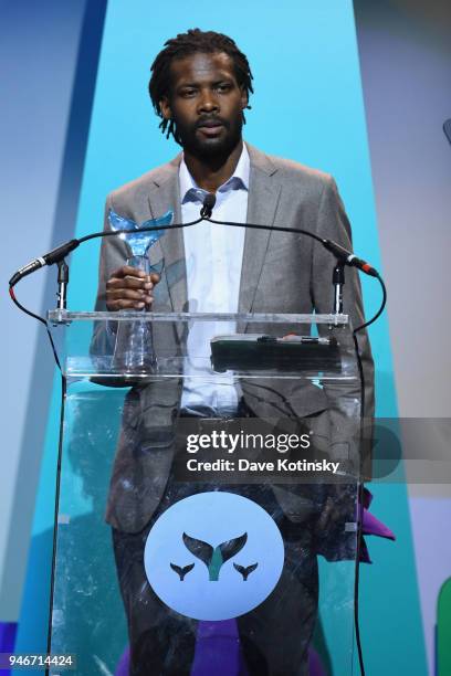 Reggie Harris accepts Activism award onstage in honor of Erica Garner during the 10th Annual Shorty Awards at PlayStation Theater on April 15, 2018...