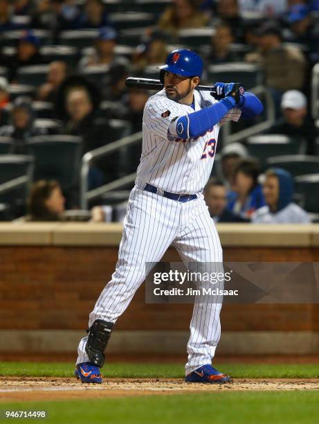 Adrian Gonzalez of the New York Mets in action against the Milwaukee Brewers at Citi Field on April 14, 2018 in the Flushing neighborhood of the...