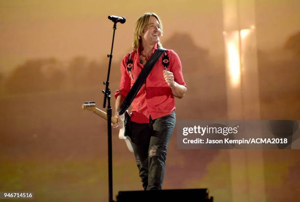 Keith Urban performs on stage at the 53rd Academy of Country Music Awards at MGM Grand Garden Arena on April 15, 2018 in Las Vegas, Nevada.