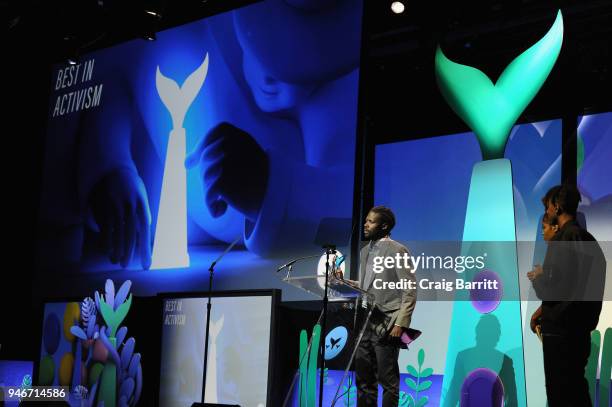 Reggie Harris accepts Activism award onstage in honor of Erica Garner during the 10th Annual Shorty Awards at PlayStation Theater on April 15, 2018...