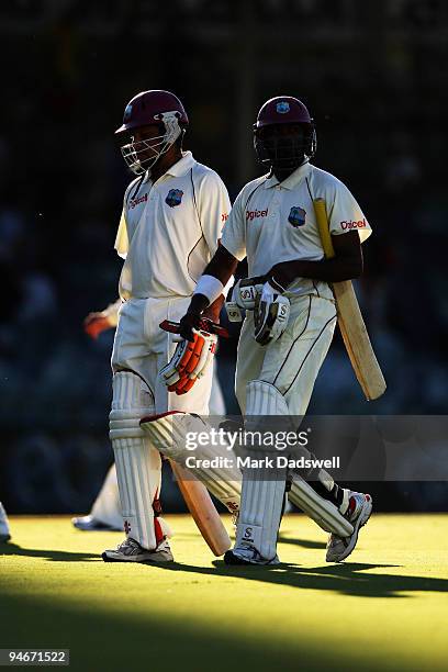 Ramnaresh Sarwan and Narsingh Deonarine of the West Indies leave the ground at the end of day two of the Third Test match between Australia and the...