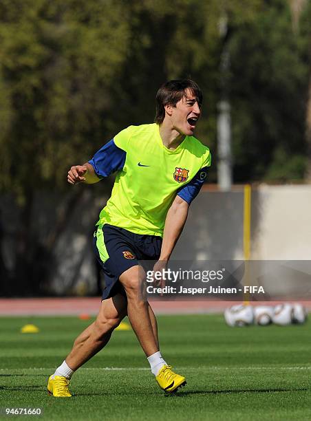Bojan Krkic of FC Barcelona reacts during a training session for the reserve players from yesterday's match on December 17, 2009 in Abu Dhabi, United...