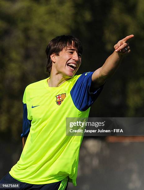 Bojan Krkic of FC Barcelona reacts during a training session for the reserve players from yesterday's match on December 17, 2009 in Abu Dhabi, United...