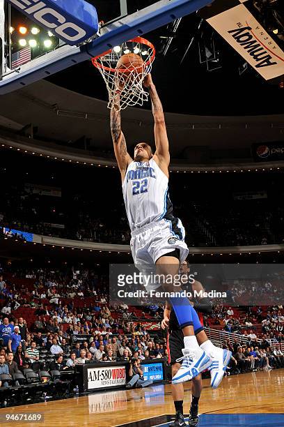 Matt Barnes of the Orlando Magic dunks during the game against the Toronto Raptors on December 16, 2009 at Amway Arena in Orlando, Florida. NOTE TO...