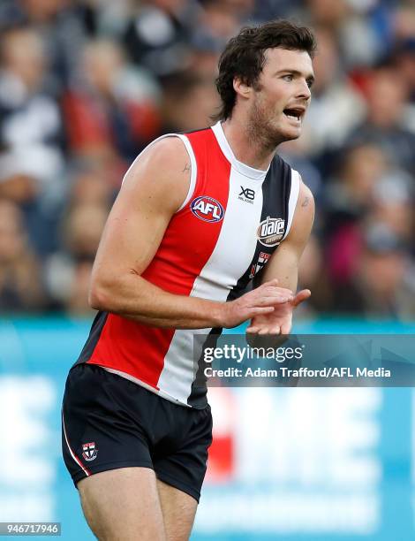 Dylan Roberton of the Saints celebrates a goal during the 2018 AFL Round 04 match between the Geelong Cats and the St Kilda Saints at GMHBA Stadium...