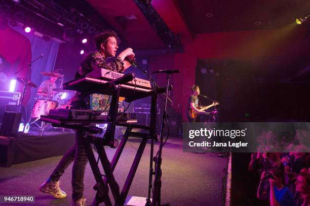 Dan Haggism Matthew Murphy and Tord Overland Knudsen of The Wombats perform live on stage during a concert at the Astra Kulturhaus on April 15, 2018...