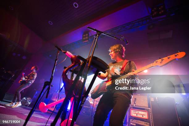 Matthew Murphy and Tord Overland Knudsen of The Wombats perform live on stage during a concert at the Astra Kulturhaus on April 15, 2018 in Berlin,...