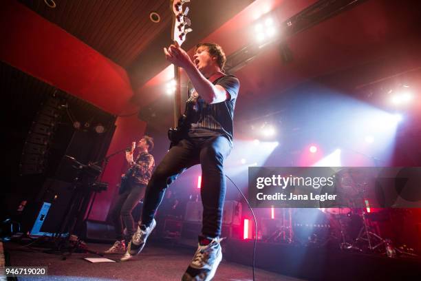 Matthew Murphy, Tord Overland Knudsen and Dan Haggis of The Wombats perform live on stage during a concert at the Astra Kulturhaus on April 15, 2018...