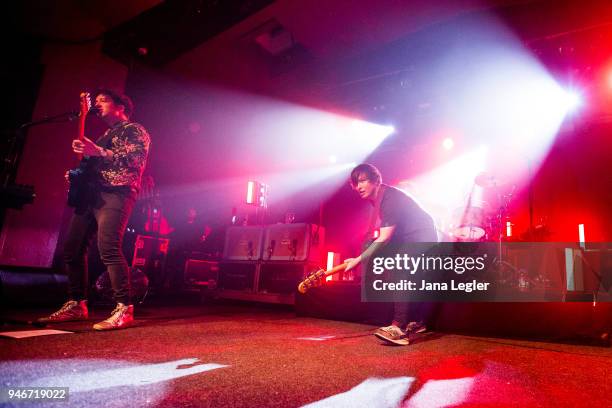 Matthew Murphy and Tord Overland Knudsen of The Wombats perform live on stage during a concert at the Astra Kulturhaus on April 15, 2018 in Berlin,...