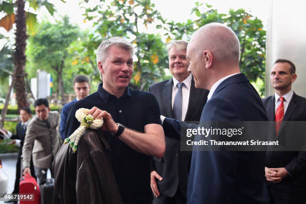 Russian Sport Minister Pavel Kolobkov is welcomed by SportAccord Managing Director Nis Hatt during day two of the SportAccord at Centara Grand &...