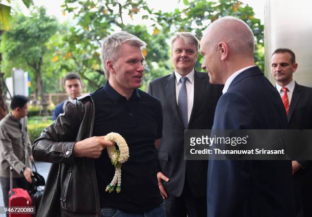 Russian Sport Minister Pavel Kolobkov is welcomed by SportAccord Managing Director Nis Hatt during day two of the SportAccord at Centara Grand &...