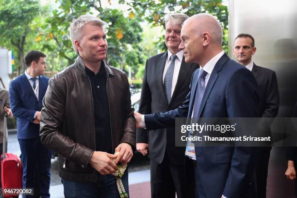 Russian Sport Minister Pavel Kolobkov is welcomed by SportAccord Managing Director Nis Hatt during day two of the SportAccord at Centara Grand &...