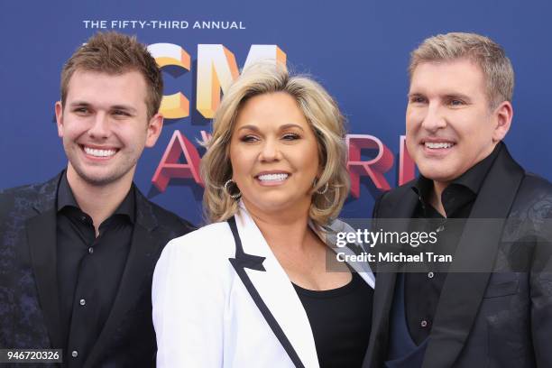 Chase Chrisley, Julie Chrisley, and Todd Chrisley attend the 53rd Academy of Country Music Awards at MGM Grand Garden Arena on April 15, 2018 in Las...